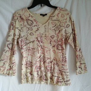 Cute Vintage V-neck, 3/4 sleeve Pullover Top